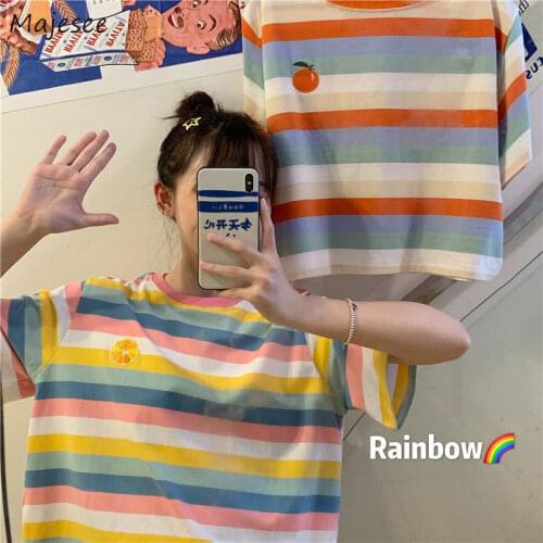 T-shirts womens cute harajuku rainbow Striped oversize tops lovely preppy style plus size women