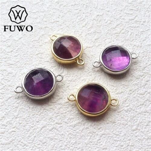 FUWO Fashion Amethysts Connector With Brass Bezel Gold/Silver Plated Double Bails Raw Quartz Pendant Jewelry Wholesale PD182