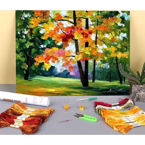 Oil Painting Style Gold Fall Printed 11CT Cross Stitch Complete Kit Embroidery DMC Threads Hobby Craft Knitting Decor