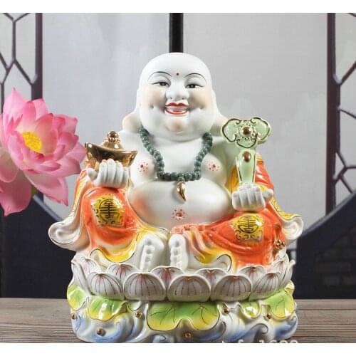 Ceramic Maitreya Buddha Statue Sitting on Lotus Mammon God of Fortune Buddha Figurine Fengshui Home Decor 24cm width 25cm high