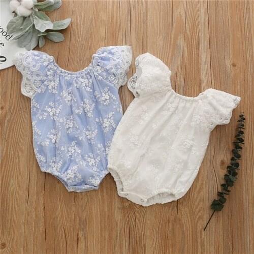 0-12M Newborn Toddler Baby Girls Bodysuits Lace Flowers Decoration Ruffles Flying Sleeve Round Collar Solid Color Jumpsuits