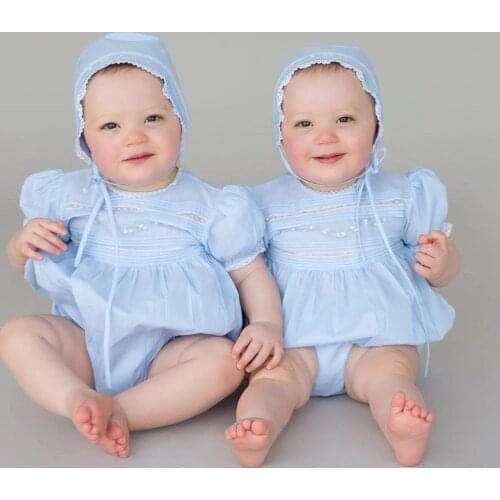 Baby Girls Embroidery Light Blue Rompers Toddler Girls One Piece Dress Summer Spanish Style Kids Children Sister Matching Outfit