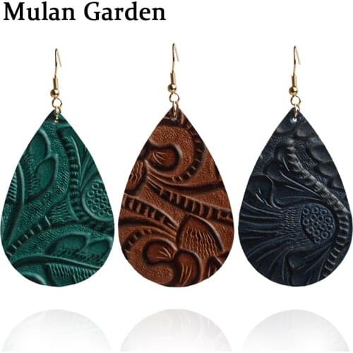 M&G New Vintage Printing Teardrop Genuine Leather Earrings Women Pendant Dangle Water Drop Earrings Fashion Jewelry Accessories