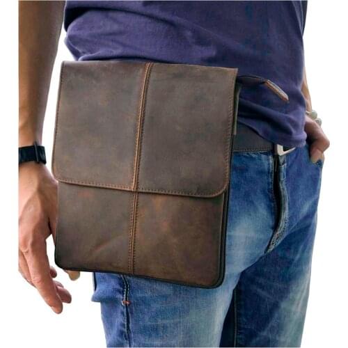 Genuine Leather Men Fashion Casual Small Slim Messenger Shoulder Crossbody Bag Design Waist Belt Pack Waist Phone Pad Pouch 8713