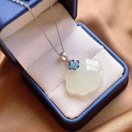Natural Sterling Silver Burnt Blue Chinese Knot Pendant Womens Ruyi Safety Lock Long Life Jade Pendant Hetian Jade Necklace