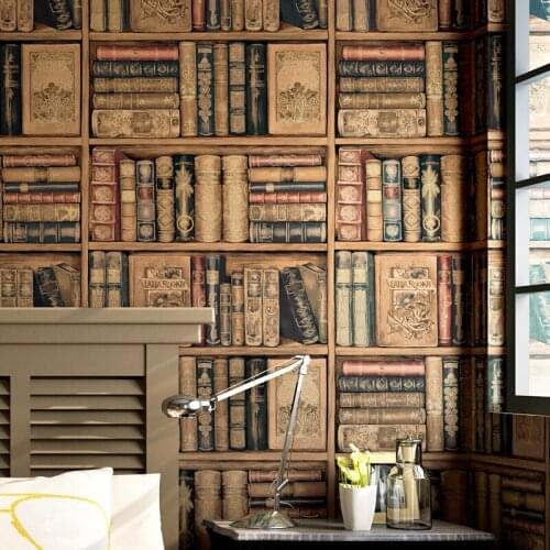Simulation bookshelf wallpaper live background wallpaper 3d stereoscopic American country retro nostalgic study TV European