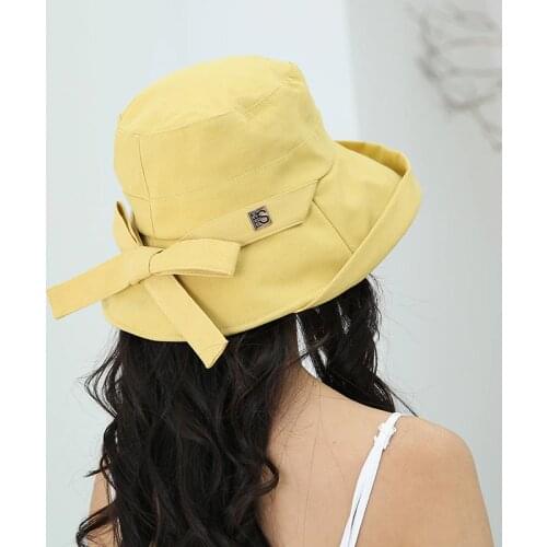 Ladies Bowknot Breathable Cotton Knitted Fisherman Bucket Hat Yellow Black Pink Female Folding Leisure Cap