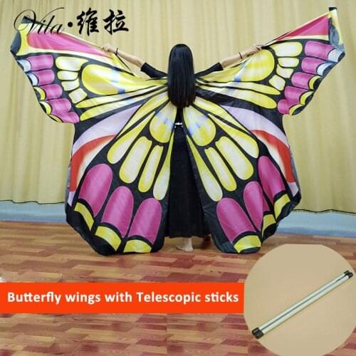 Performance Women Dancewear Stage Props Polyester Cape Cloak Dance Fairy Wing Butterfly Wings with sticks for Belly Dance