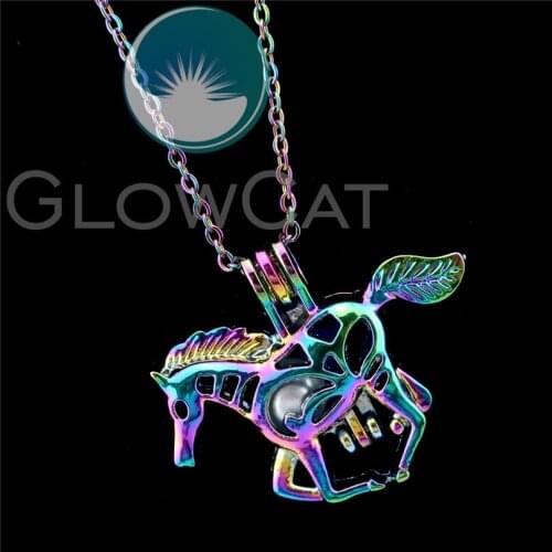 R-C481 Rainbow Colors Horse Beads Cage Pendant Perfume Diffuser Aromatherapy Pearl Cage Locket Necklace