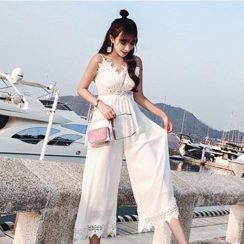 RG Sweet Lace Rompers Womens Jumpsuit Holiday Style V-Neck Lace Patchwork Jumpsuits Summer combinaison pantalon femme elegante