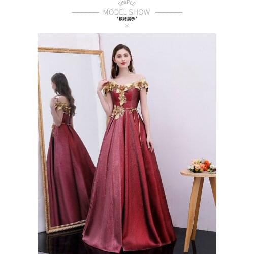 Luxury wine red glitter golden leaf flowers slash collar ball gown Medieval Renaissance Gown princess Victorian Antoinette Belle