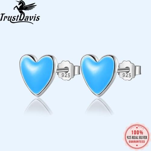 Trusta 100% 925 Sterling Silver Earring Fashion Cute Red Pink Glaze Heart Stud Earrings Gift For School Girls Kids Lady DS03