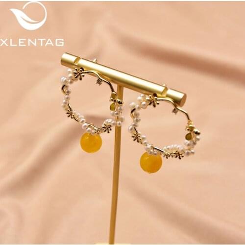 Xlentag Natural Freshwater Pearl Topaz Hoop Earrings 925 Sterling Silver Ear Pin Women Luxury Fine Jewelry Wedding Gift GE1007