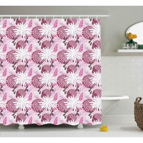 Flower Shower Curtain Modern Pink and Purple Toned Swirls Leaves Flourish Dandelions Grunge Art Print Waterproof Bath Curtains
