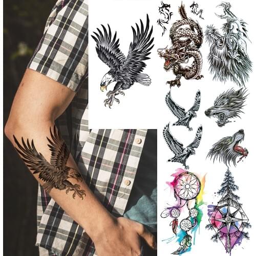Ferocious Eagle Temporary Tattoo For Men Women Dragon Dreamcatcher Tattoos Sticker Pine Faucet Compass Tatoo Body Art Hands Bird
