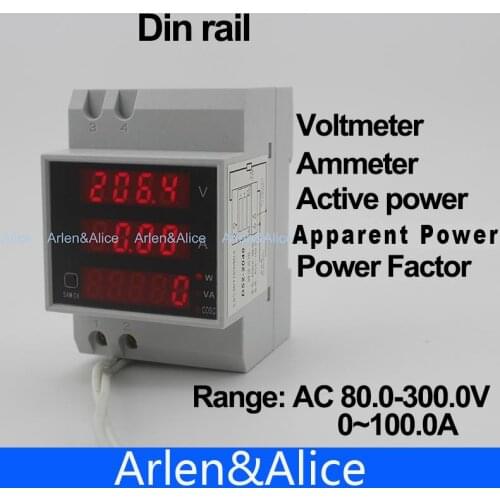 Din rail LED display voltmeter ammeter with active and apparent power and power factor Din-rail range AC 80.0-300.0V 0-100.0A