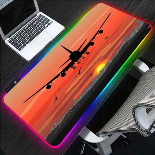 XGZ Landscape Sunrise RGB Fashion Airplane Gaming Mouse Pad XXL for Speed Version Keyboard Carpet Home Lighting LED Gaming Desk