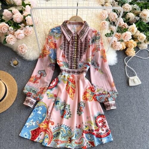 Womens Spring Summer Runway Fashion Short Print Dress Female Vintage Long Sleeve Chic Beach Party Dress TB1571