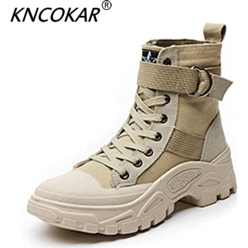 Boots Female 2019 autumn new high to help retro motorcycle boots short boots canvas thick Martin boots z0062