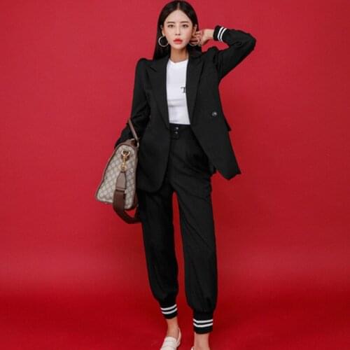 Women Casual Two Piece Set 2020 Autumn Runway Korean Patchwork Suit Formal Blazer Jacket Coat + OL Pant Suit