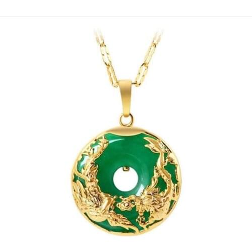 TJP Top Quality Female Crystal Green Round Pendant Necklace For Women Jewelry Exquisite Carved Dragon Gold Clavicle Necklace