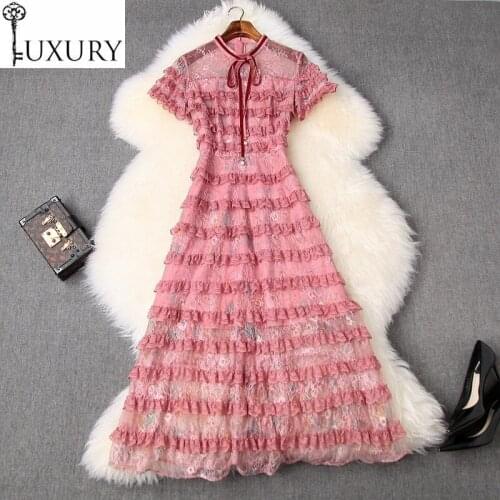 2020 New Top Quality Spring Summer Party Lace Dresses Women Cascading Ruffle Patchwork Short Sleeve Mid-Calf Blue Pink Dress