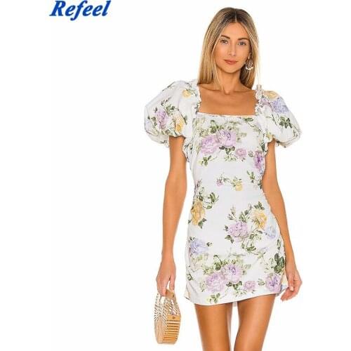 Chic Lady Vintage Square Collar Short Puff Sleeve Summer Mini Dresses Women Elegant Flower Print High Waist mini Dress