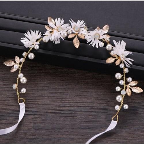 Gold Tiara Headbands Flower Yarn Leaves Pearl Fashion Hair Jewelry For Bride Women Rhinestone Hairwear Wedding Hair Ornaments