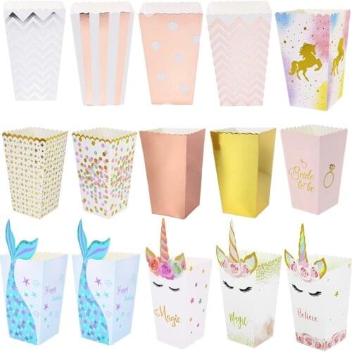 10/12pcs Popcorn Boxes Rose Gold Stripe Dot Unicorn Mermaid Paper Box Bag Party Favours Wedding Birthday Xmas Decor Supplies