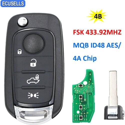 4 Button Remote Car Key FSK 433.92Mhz MQB Megamos AES ID48 Chip / 4A Chip for Fiat 500X Egea Tipo 2016 2017 2018 SIP22 Blade