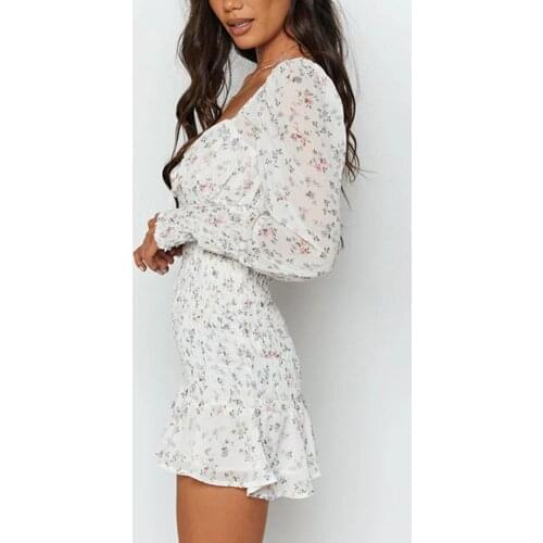 40% Dropshipping!! Women Dress Floral Print Backless Ruffle Hem Long Sleeve Sexy Party Dress for Dating