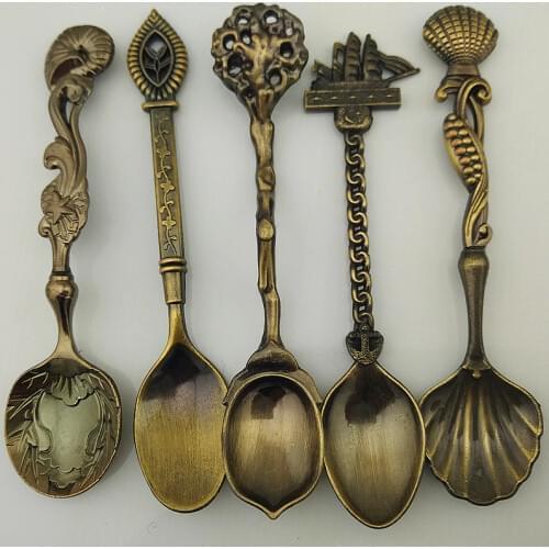 5pcs/lot Spoons Vintage Zinc Alloy Tea Coffee Ice Cream Dessert Spoon Flatware Sets For Snacks Kitchen Tableware KV 041