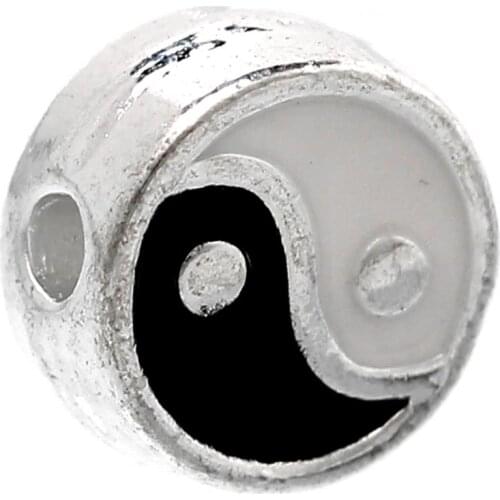 DoreenBeads Spacer Beads Round Black & White silver color Eight Diagrams Yin Yang Carved Enamel About 7mm(2/8")Dia,10 PCs