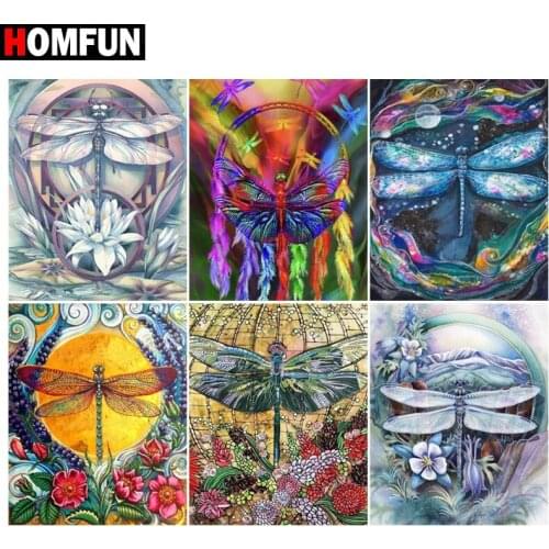 HOMFUN Diamond Painting Cross Stitch "Dragonfly flower" Full Square Round Diy 5d Diamond Embroidery Picture Rhinestone Art