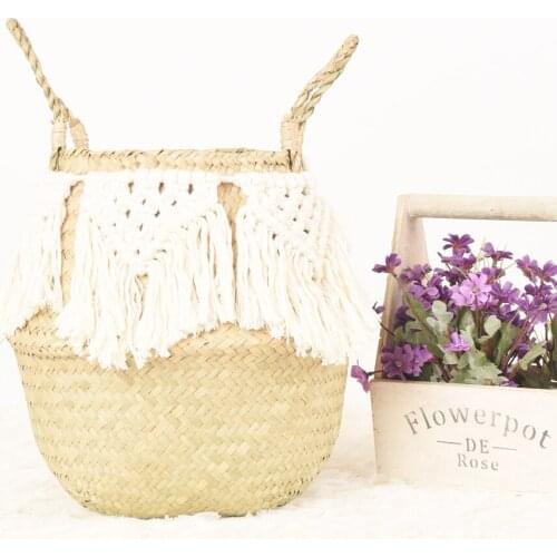 Handmade Bamboo Storage Baskets Foldable Laundry Straw Patchwork Wicker Rattan Seagrass Belly Garden Flower Pot Planter Basket