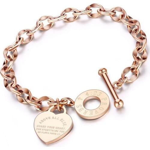 New Trendy Womens Bracelet Rose Gold Color Fashion Hand Chain Love Heart Bible Proverbs 4:23 Wristband Female Jewelry