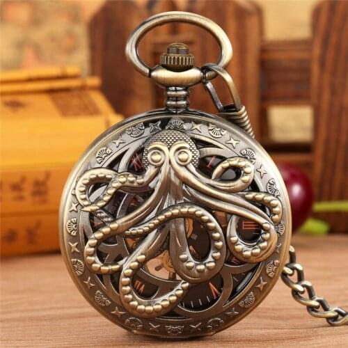 Stempunk Octopus Design Men Women Mechanical Hand Winding Pocket Watch Roman Number Fob Chain Skeleton Clock Relogio De Bolso