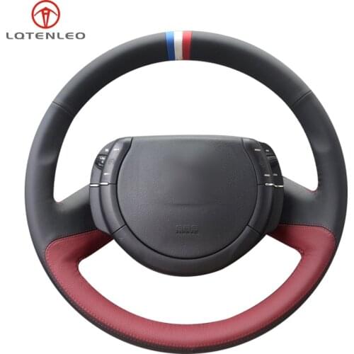 LQTENLEO Black Wine Red Leather Car Steering Wheel Cover For Citroen Triumph C4 C-Quatre 2004 2005 2006 2007 2008 2009 2010 2011