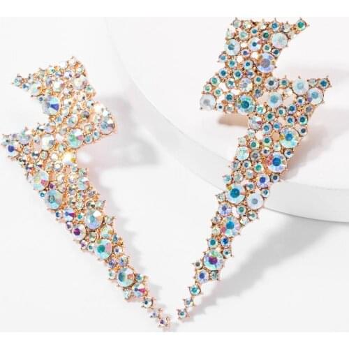 Fashion Creative Crystal Rhinestone Lightning Shape Long Earrings Women Europe and America Large Earring Statement ZA Earrings