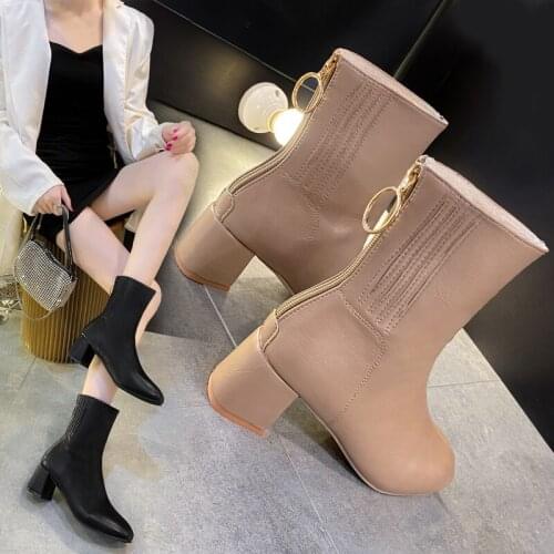Autumn and Winter Womens Boots Solid Color European Womens Shoes Imitation Deerskin Leather Ankle Boots with Velvet Zipper