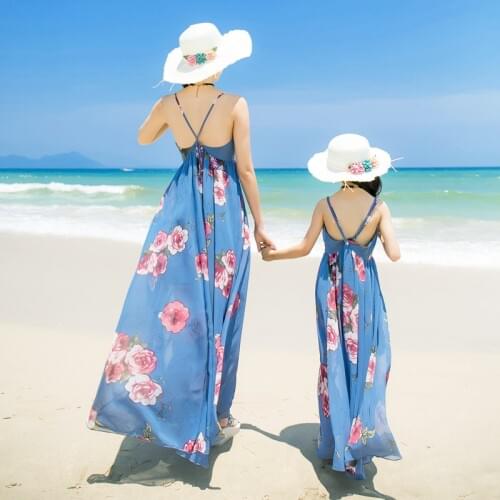 Mommy and Me Mother Daughter Dresses Mummy Mother and Baby Daughther Clothes Boho Bohemian Style Backless Maxi Dress Beach Skirt