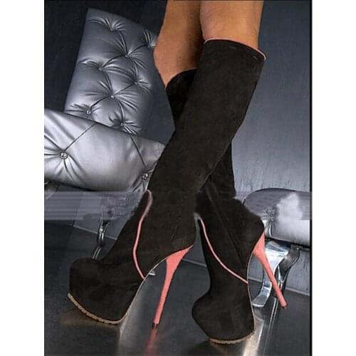 Plus Size 13 Pink Heels Over The Knee Boots Stretch Pink Heels Tight High Boots Round Toe High Platform Winter Dress Shoes