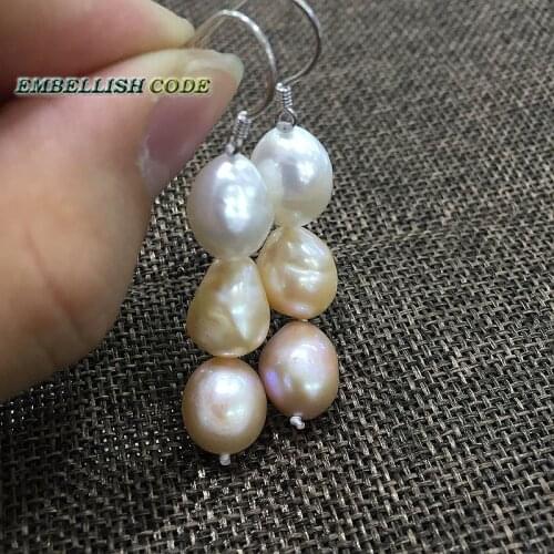 Summer stely popular hook dangle earring freshwater Cultured AAA pearl Mixed color white pink purple Rainbow Lustrous