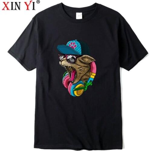 XIN YI Mens High Quality 100% cotton Funny DJ cat print t shirt loose o-neck men tshirt short sleeve t-shirt male tees tops