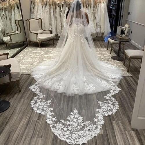 3M Wedding Veils Long Cathedral Length White Ivory Champagne Bridal Veils Lace Appliqued One Layer Wedding Veil