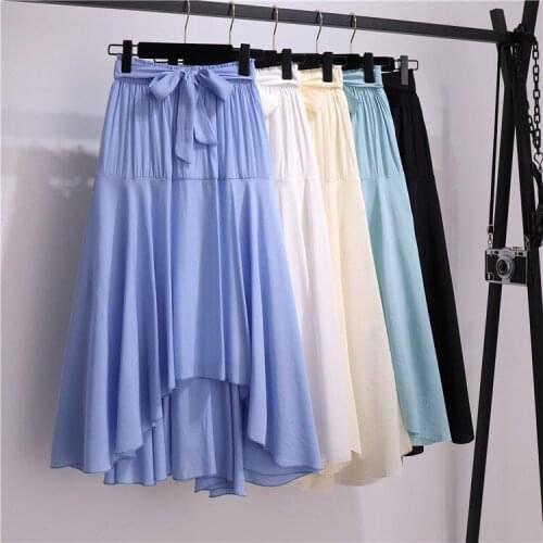 Bow Skirt Women Summer Sweet Mid Irregular Blue Skirts Womens Fashion Long Beach Skirt Femme