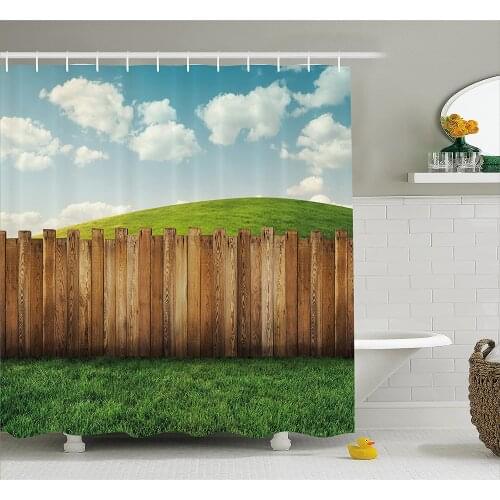 Farm House Decor Shower Curtain Wooden Garden Fence on Grassland Pastoral Environment with Cloudy Sky Bathroom Curtains
