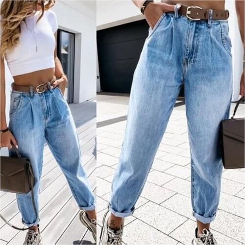 Women Casual washed pants high waist Denim Boy friend long Pant Female Plus Size Wash Hole Denim Stitch Trousers Nightclub 2021