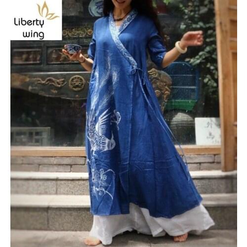Top Quality 100% Linen Women Long Trench Outwear Coat Vintage Handmade Plant Dyeing Robe A Line Lace Up Gown Sobretudo Free Size