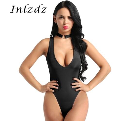 Womens Lingerie Crothless Bodysuit See Through Sheer Lingerie Necklace Collar Sleeveless Hot High Cut Thong Leotard Bodysuit